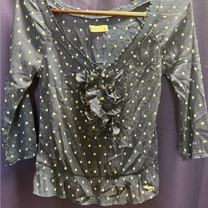 Abercrombie Kids XL Ruffle Crinkle Top Navy Polka Dot Rare Yellow Moose Logo Y2k